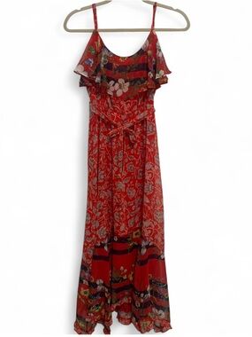 One September Anthropologie Red Floral Belted Maxi Dress with Ruffle Neckline